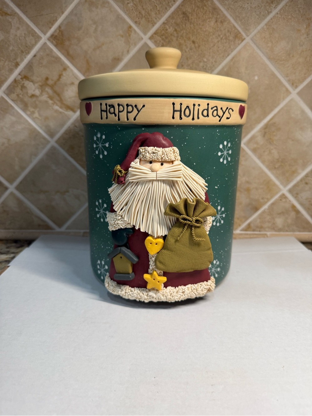 Large Heavy Ceramic Santa Cookie Jar Canister Happy Holidays 3D Christmas 10”